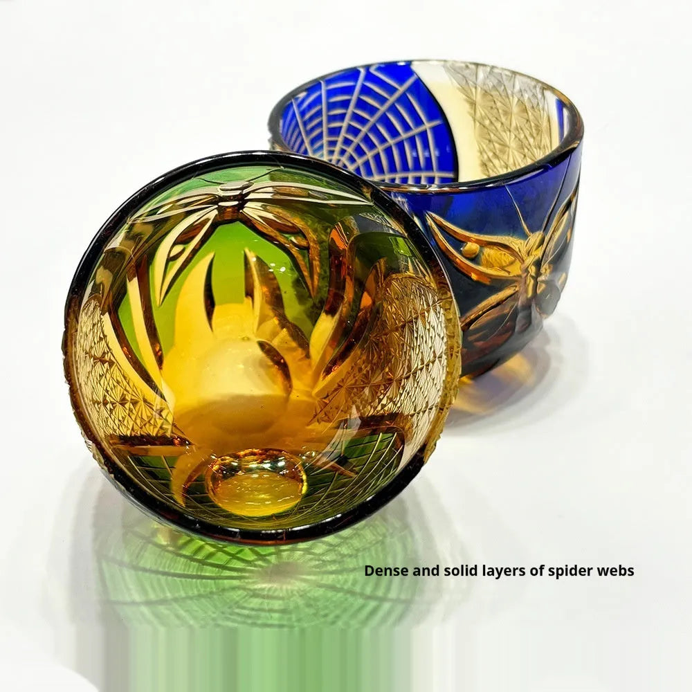 Handmade crystal glass spider wine glass with retro cobweb design, 55x50mm, in blue, green, or purple.
