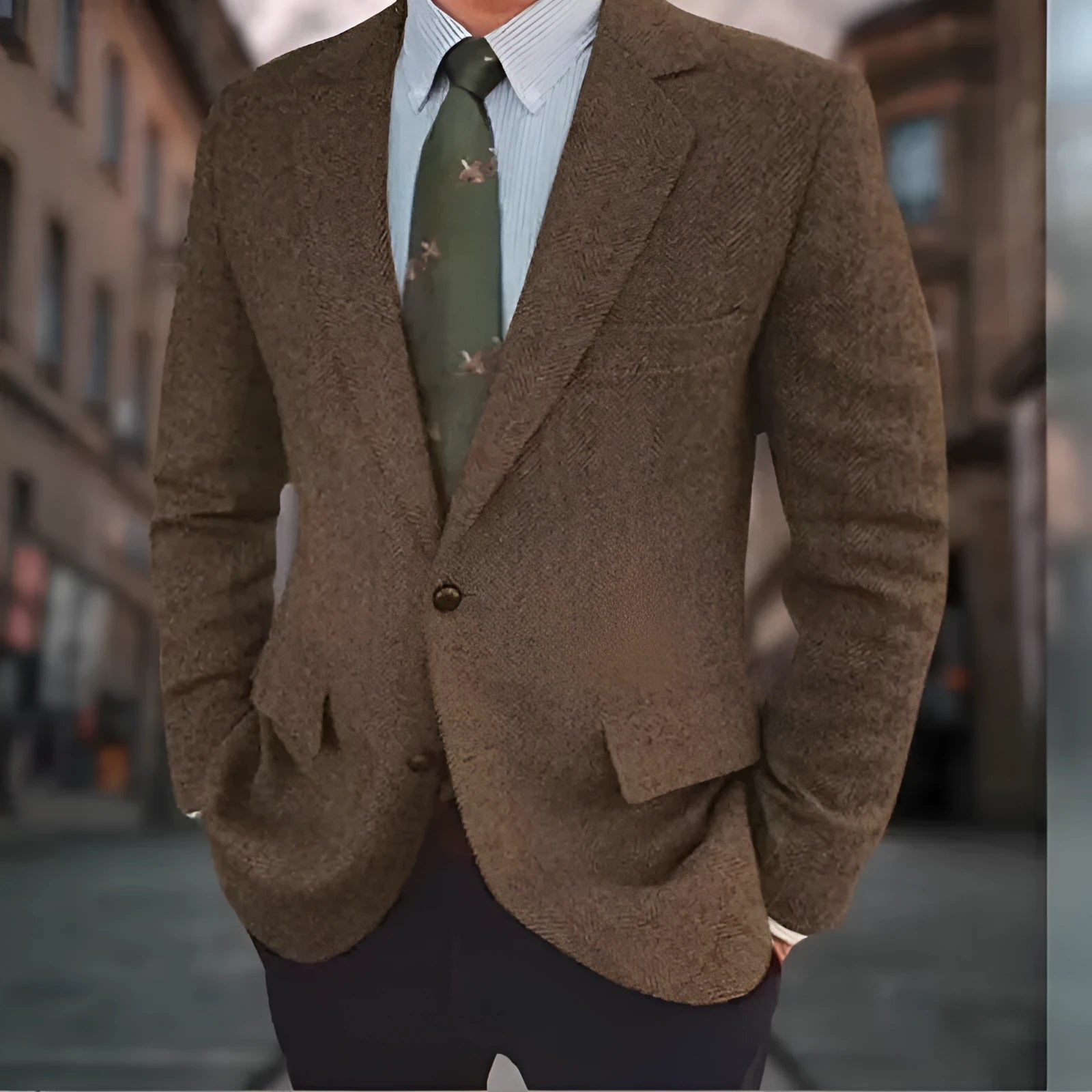 Men's brown herringbone pattern suit jacket with long sleeves and a retro business casual style