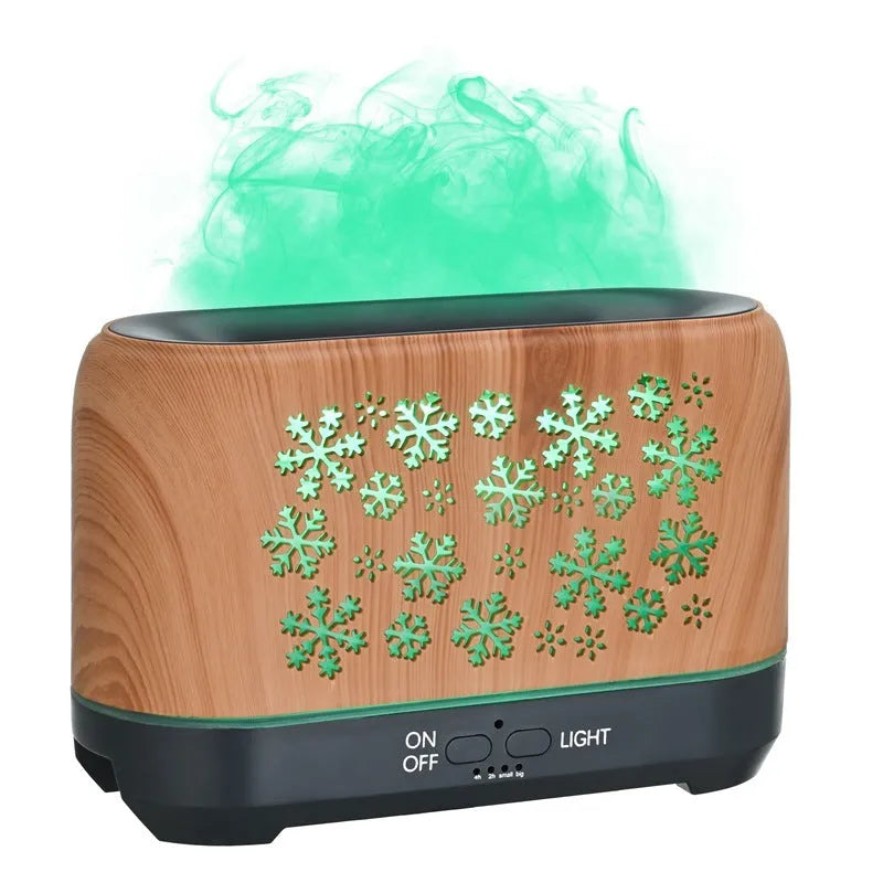 Square desktop humidifier with snowflake wood grain pattern and colourful flame effect illumination