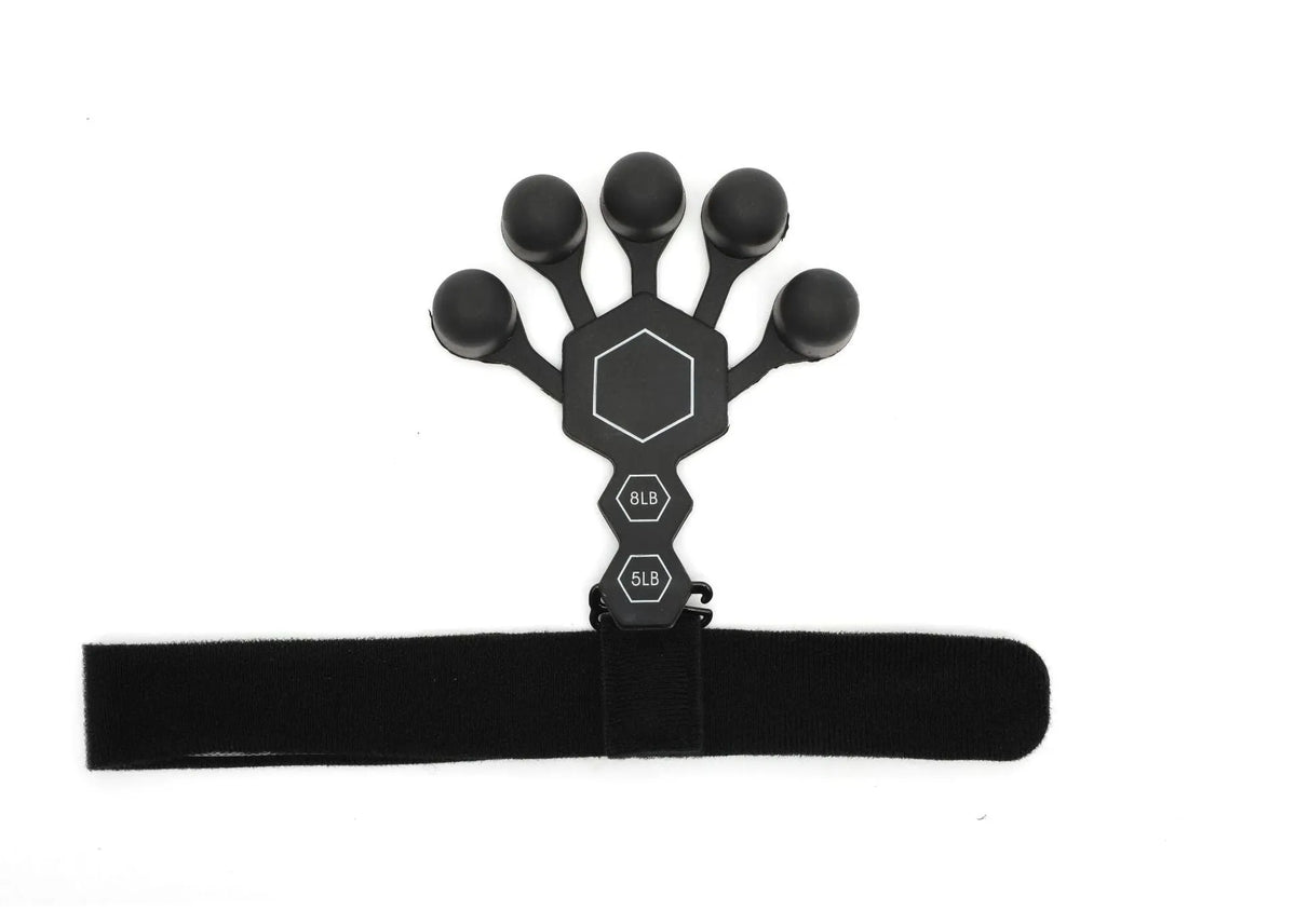 Men's silicone five-finger hand trainer in black or grey for adult grip and rehabilitation training