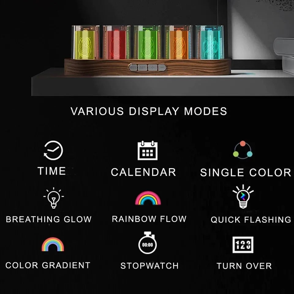 RGB Luminotron LED digital desk clock showing time display with colourful lighting effects