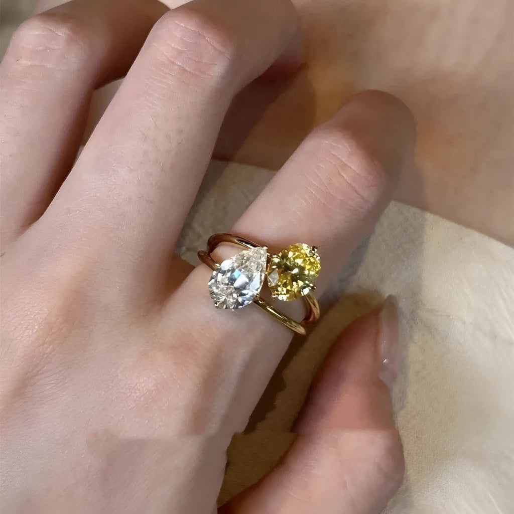 Water drop double sheng stone open ring in copper with geometric pop-style design