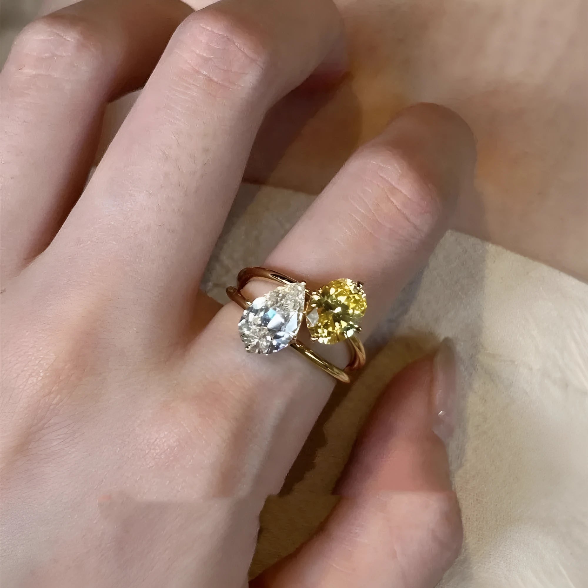 Water drop double sheng stone open ring in copper with geometric pop-style design