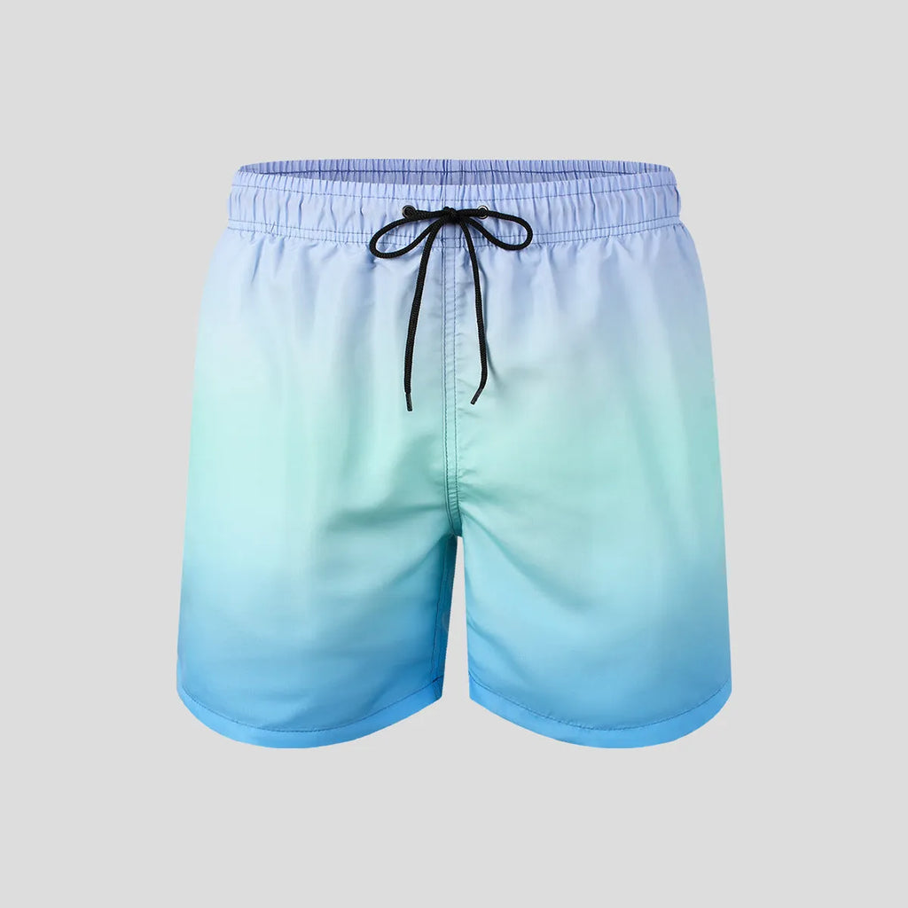 Men's gradient colour 3D digitally printed mesh sports shorts showing micro-elasticity fabric