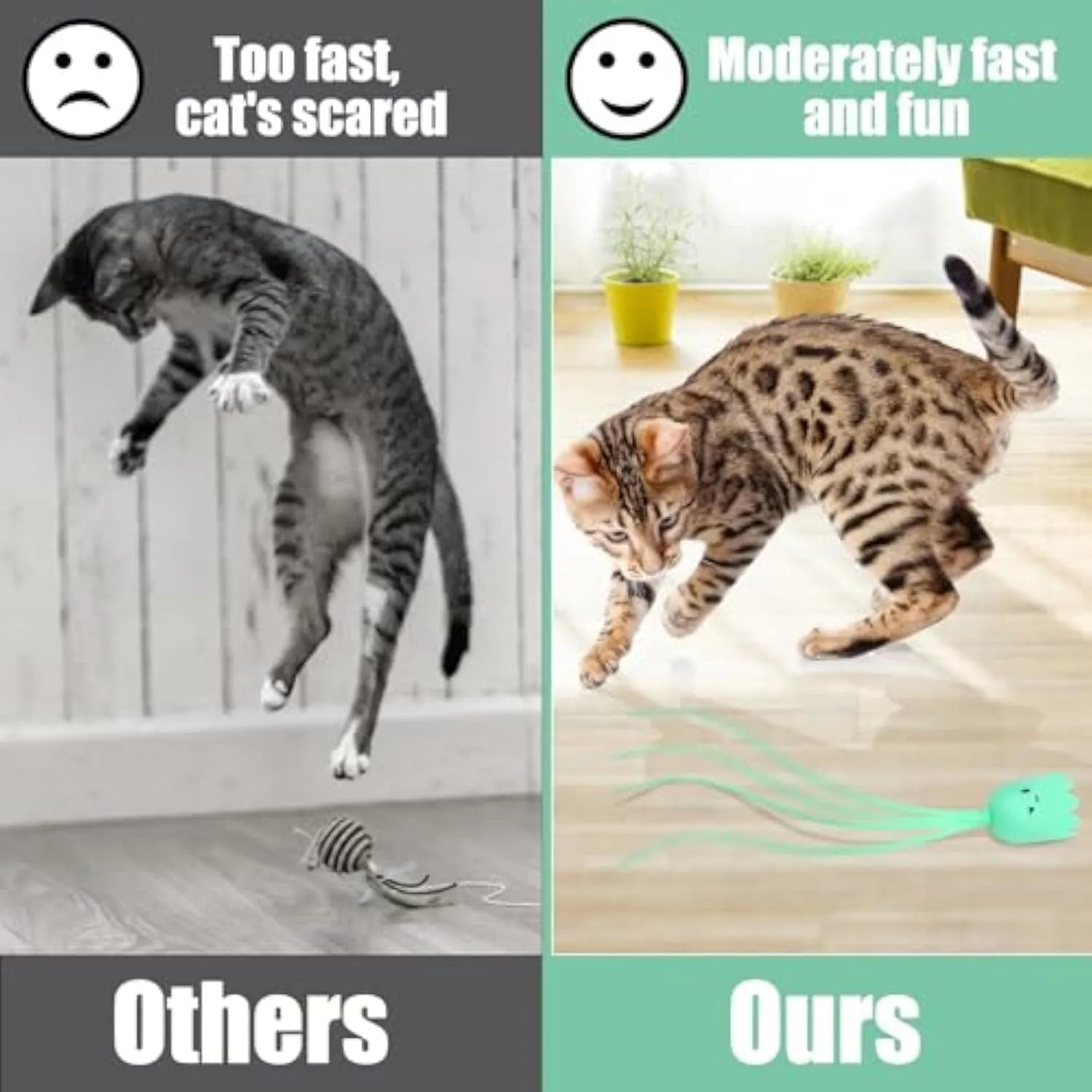 Green automatic electronic cat wand toy with swinging silicone tails on a table