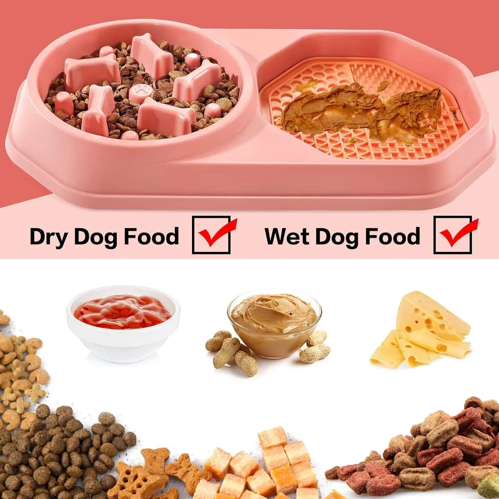 Blue slow feeder dog bowl with maze pattern for anti-gulping, shown with four non-slip pads.