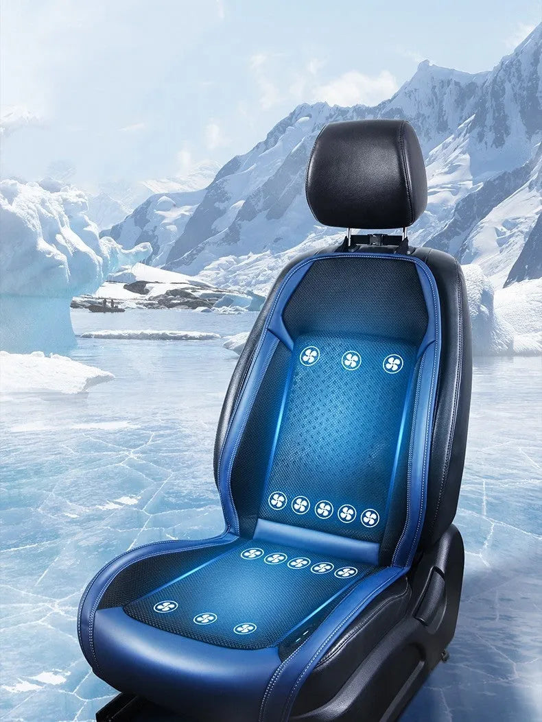 Black or blue universal car seat cooling pad with USB cable showing ventilated polyester surface for 12V 24V vehicles