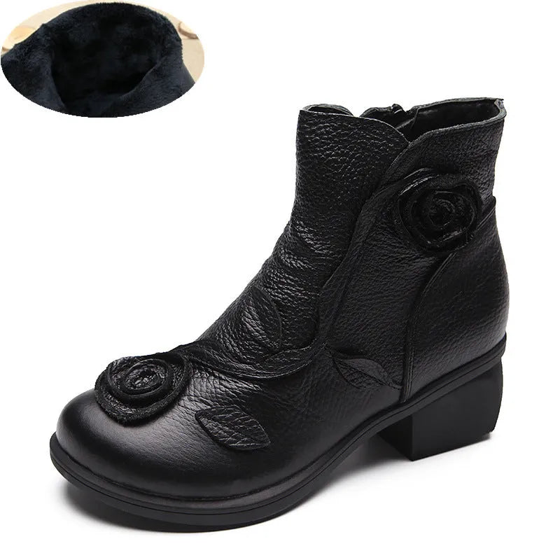 Handmade genuine leather Martin boots with chunky 3-5cm square heel, round toe and ethnic floral embossed upper, red or black.