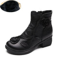 Handmade genuine leather Martin boots with chunky 3-5cm square heel, round toe and ethnic floral embossed upper, red or black.