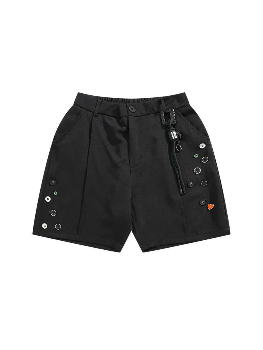 Black men's casual shorts with a button fly and semi-elastic waistband on a plain background.