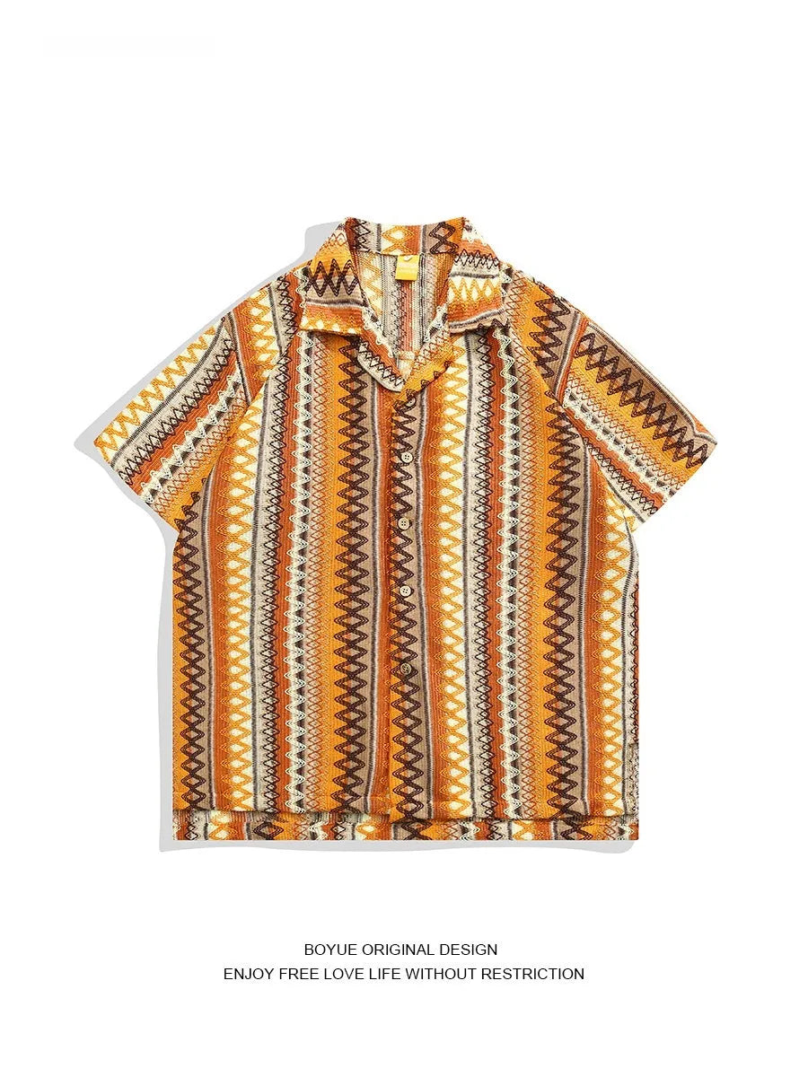 Ethnic woven Cuban collar shirt with contrast colour design and drop-shoulder sleeves