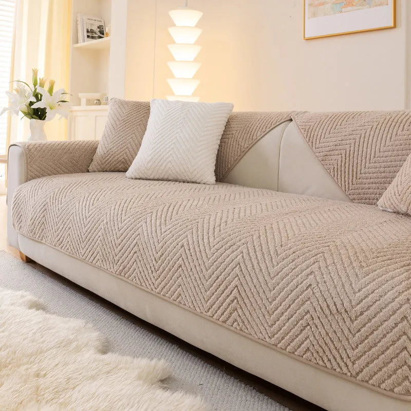 Solid colour plush sofa cover cloth in white khaki or grey, sizes 70x70cm to 110x240cm with matching pillowcase option