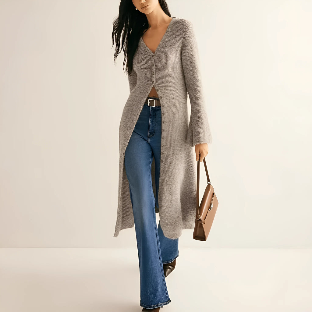 Khaki French style retro cardigan coat with long sleeves and button front closure