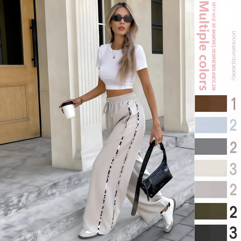 High waist straight leg casual trousers with lace-up drawstring detail in polyester fabric