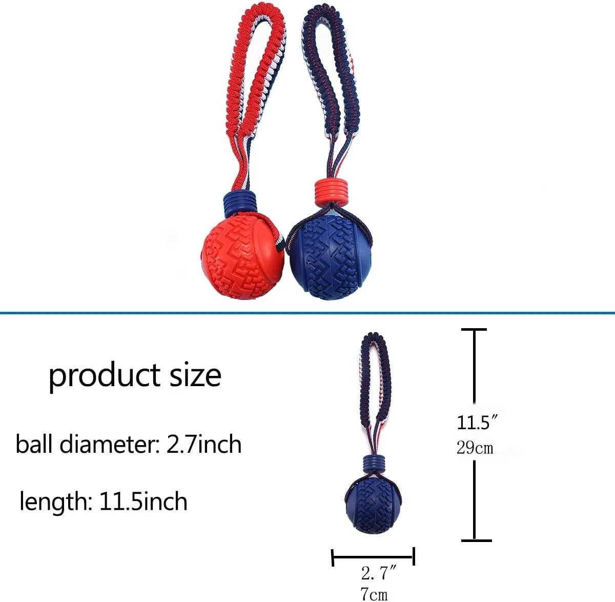 Blue and red natural rubber dog ball with attached rope toy for medium and small breeds.
