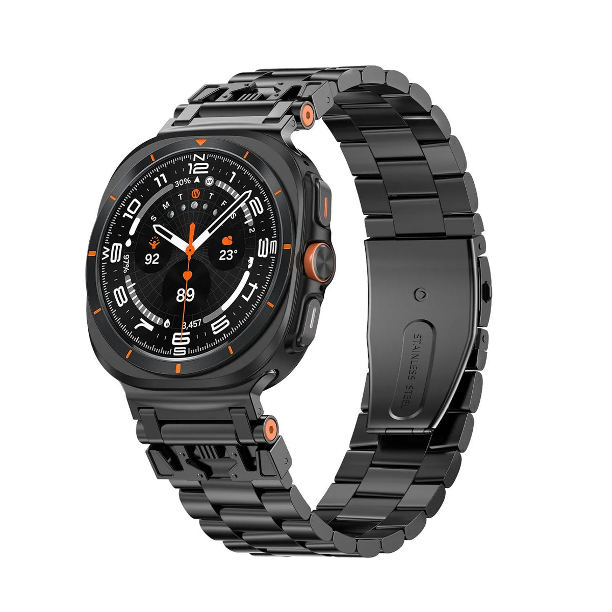 Samsung metal watch strap with three steel band armour design in Black, Starlight, or Silver