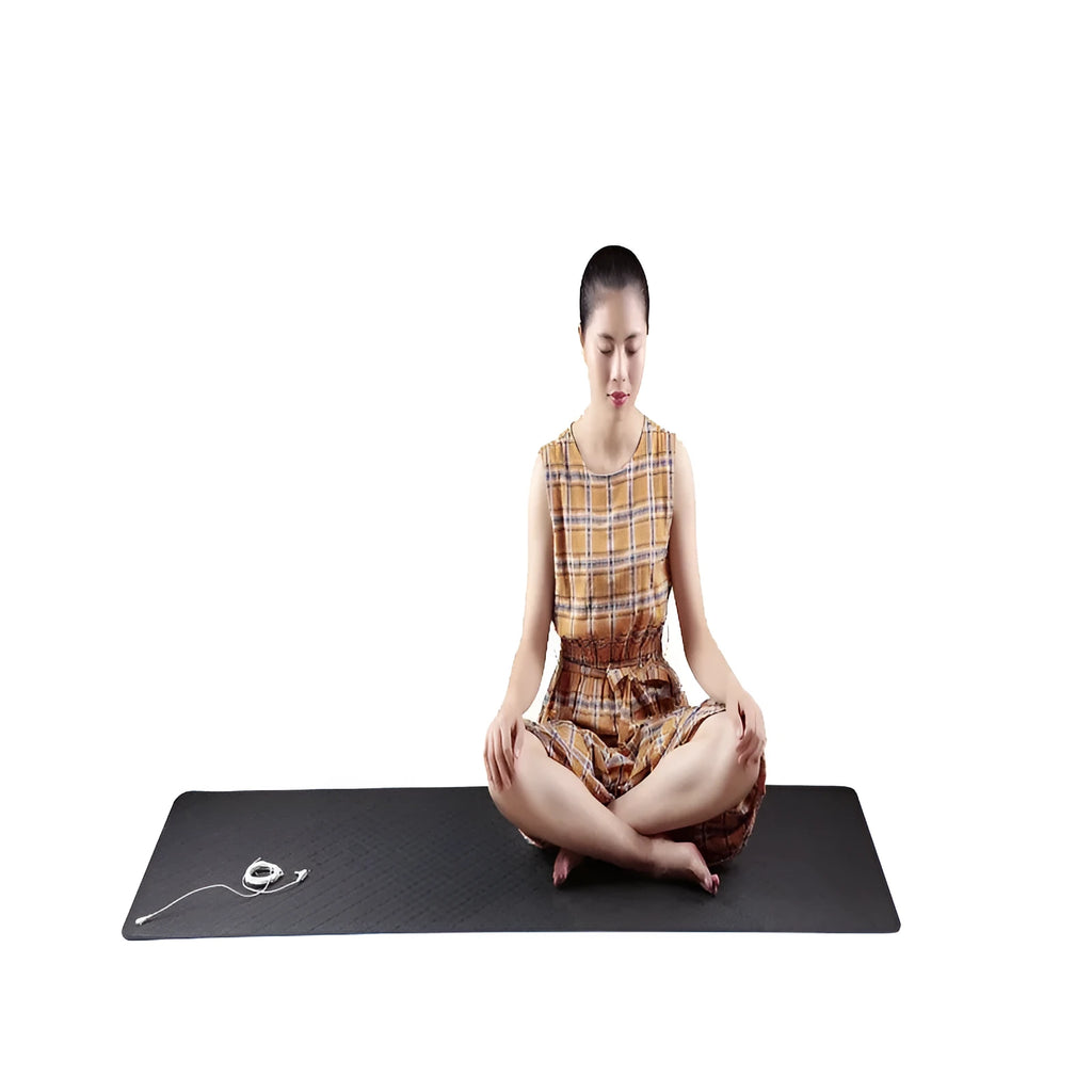 Blue conductive grounding yoga mat with plants pattern and integrated wire, 182cm long.