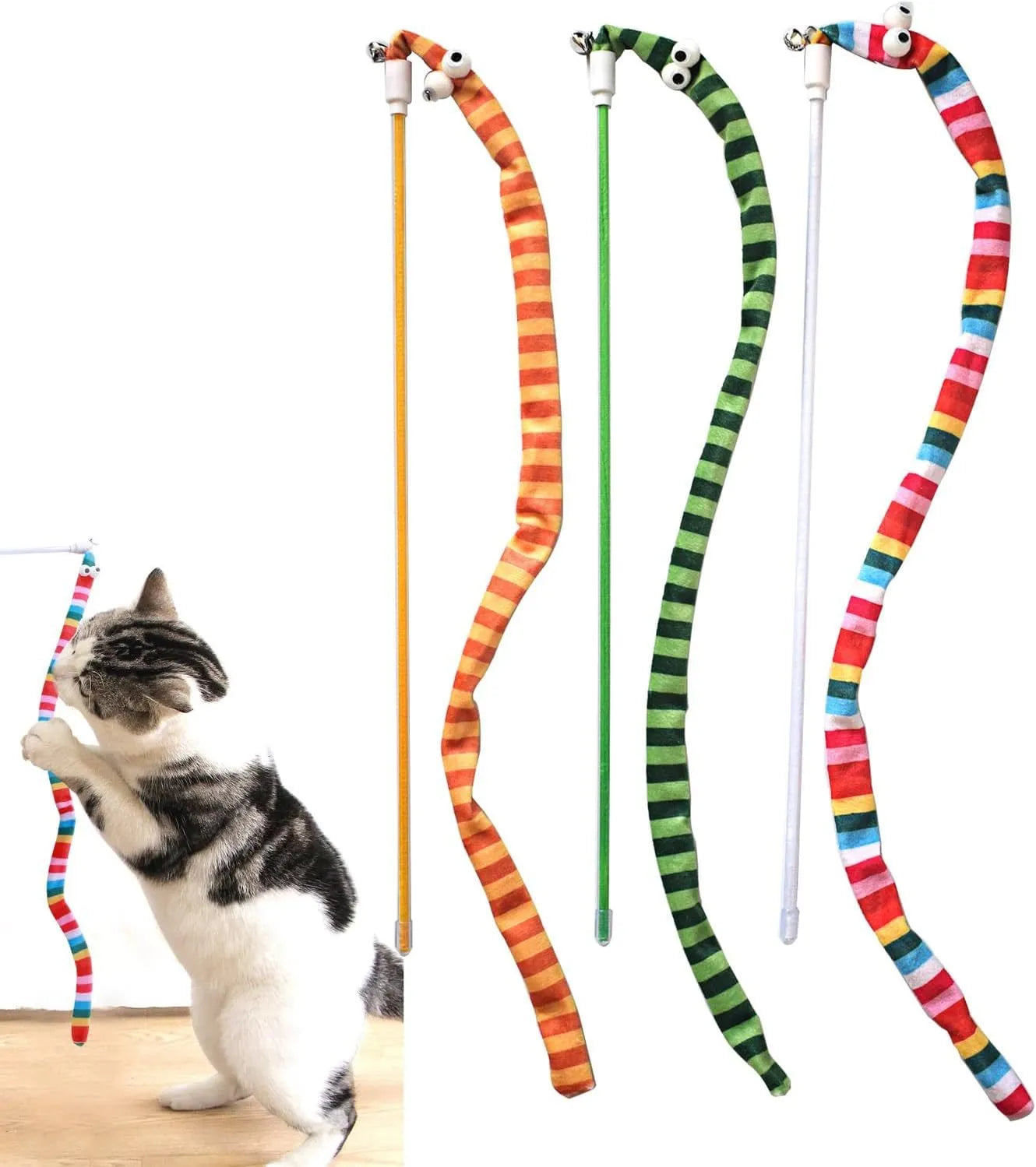 Cat wand toy with long plush strip teaser in green, orange, or rainbow colours.