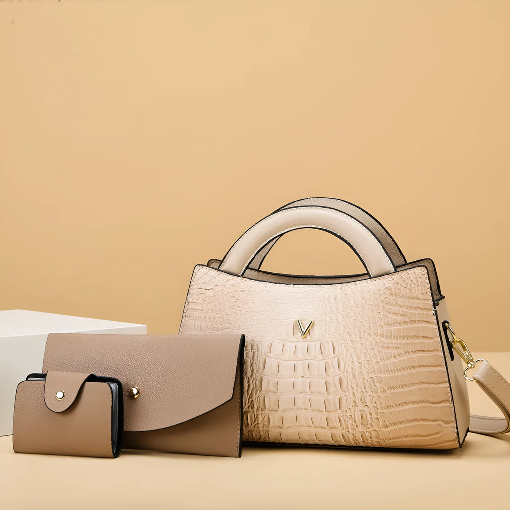 Women's square crossbody handbag in crocodile pattern PU leather, shown in apricot colour with visible strap and pockets.