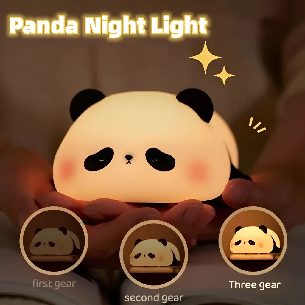 Cartoon panda night light with soft glow, showing BPA-free silicone construction and compact 150x130x80mm dimensions
