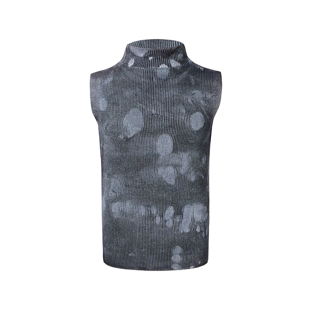 Black men's sleeveless t-shirt with silver pastebrushing texture and stand collar, showing pullover vest styling
