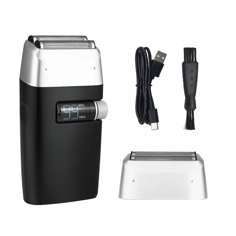 LCD display shaver with floating cutter head and adjustable sideburns trimmer in black