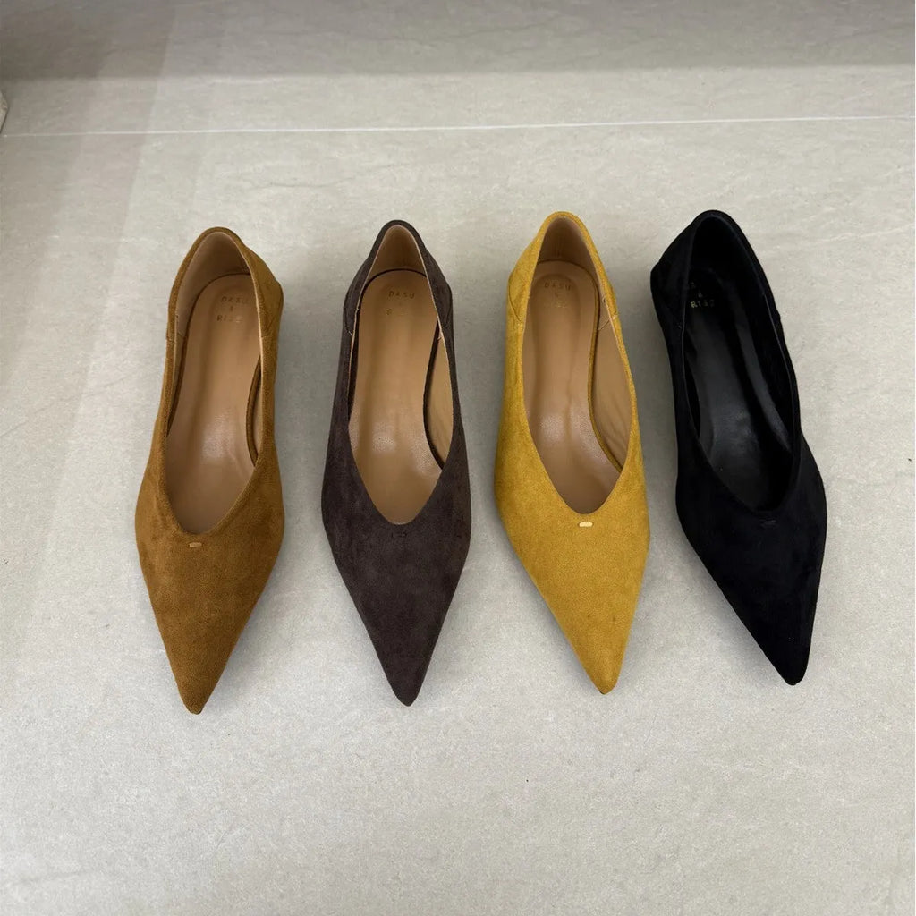 Wedge suede pointed toe pumps in black, brown, coffee or yellow, flat heel, square toe, sizes 35-40