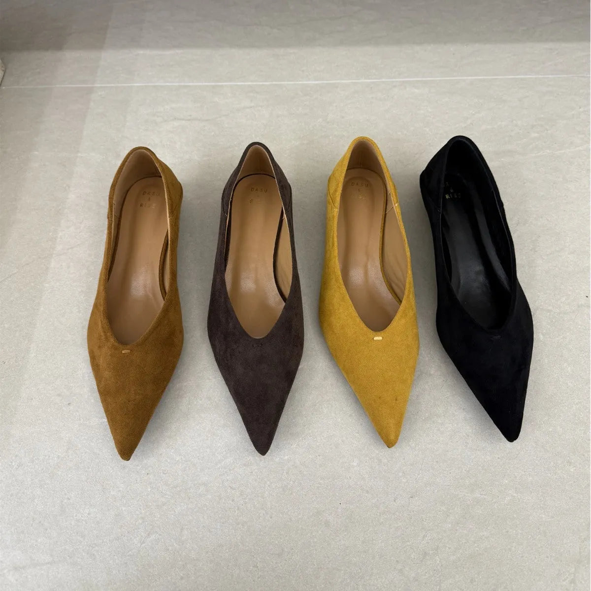 Wedge suede pointed toe pumps in black, brown, coffee or yellow, flat heel, square toe, sizes 35-40