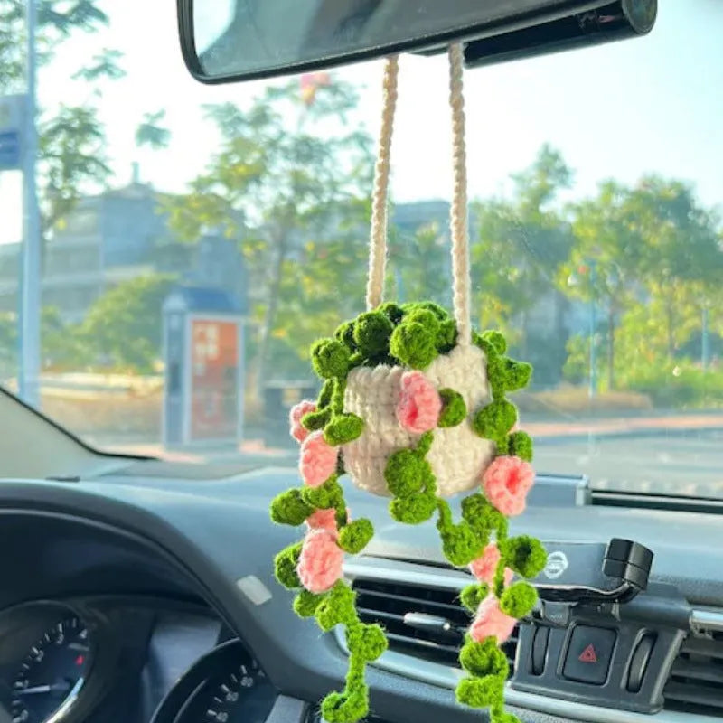 Green and white knitted wool macramé car air plant holder with hanging cord