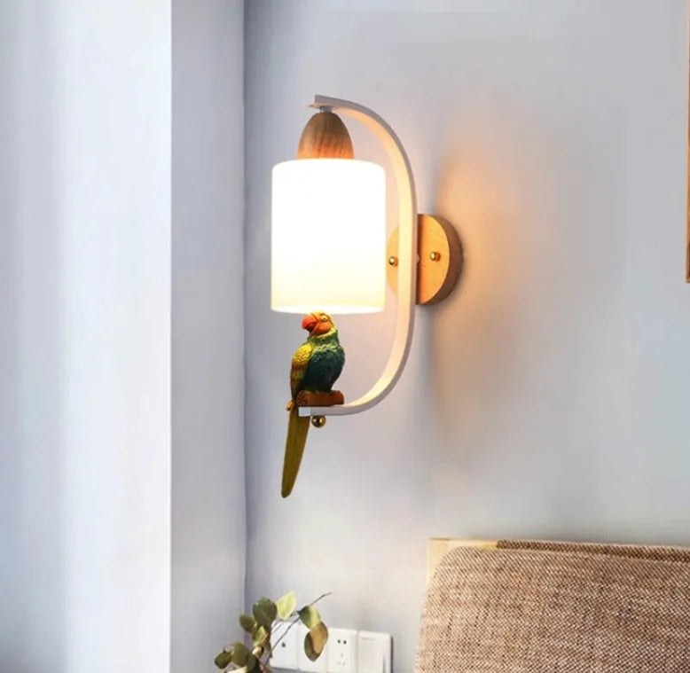 Bird wall lamp with iron and wood body, glass shade, spray-painted finish, 42x21x12cm