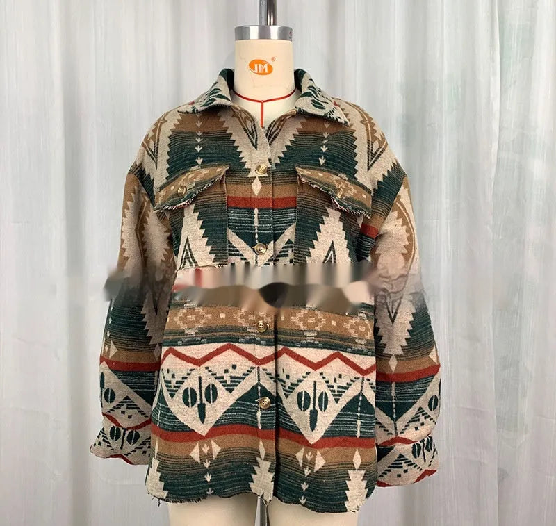 Women's loose-fit Aztec print woolen coat in retro style, shown in army green colour with long sleeves.