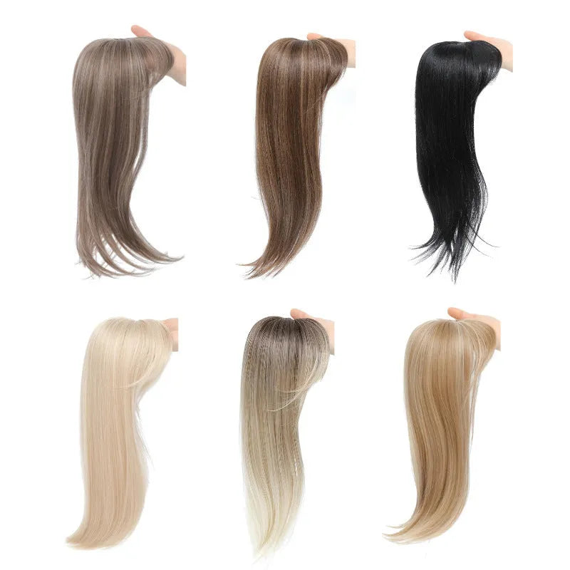 Synthetic clip-in wig hairpiece with inner buckle showing six colour style options