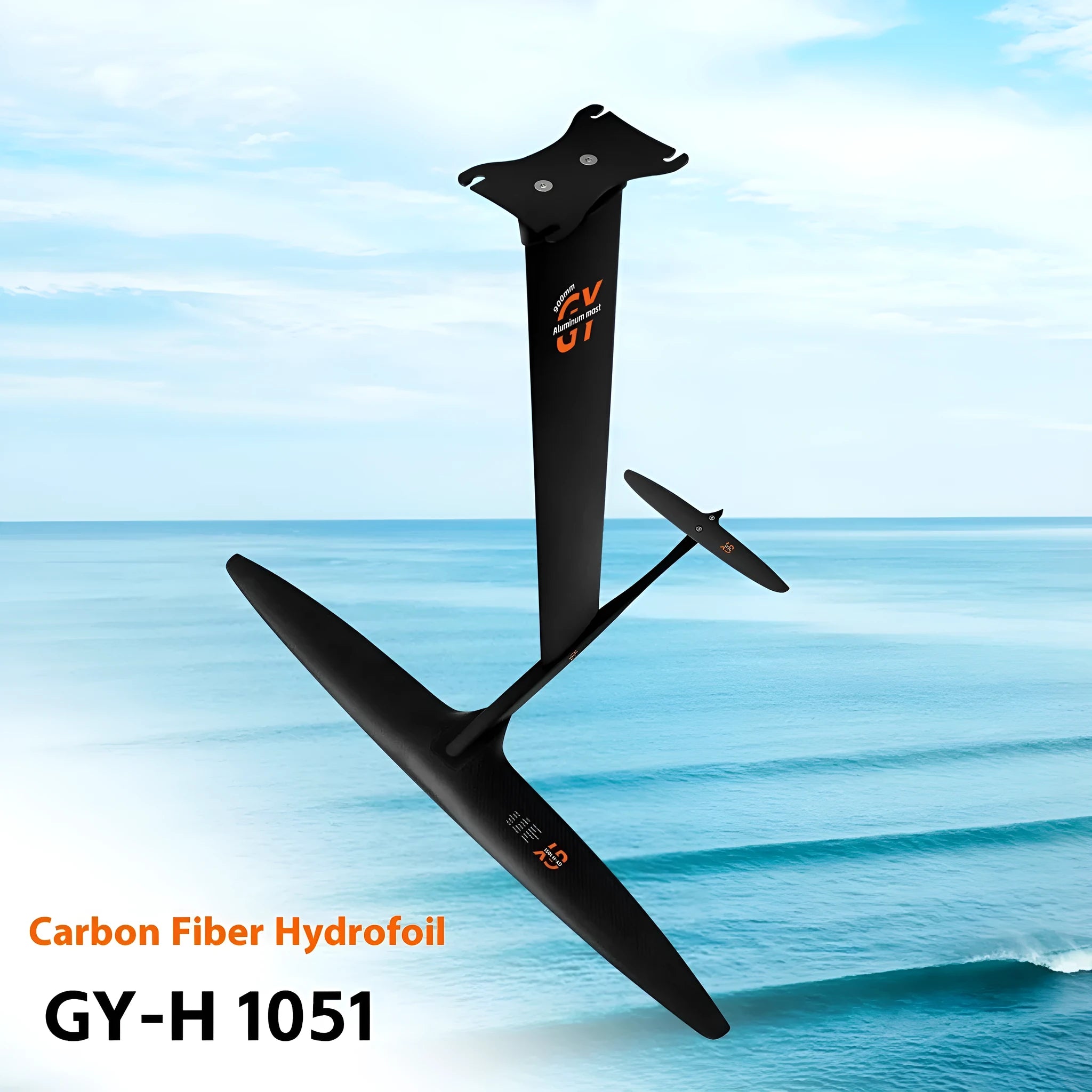 Black carbon fibre racing hydrofoil surfboard with aluminium mast and large front wing