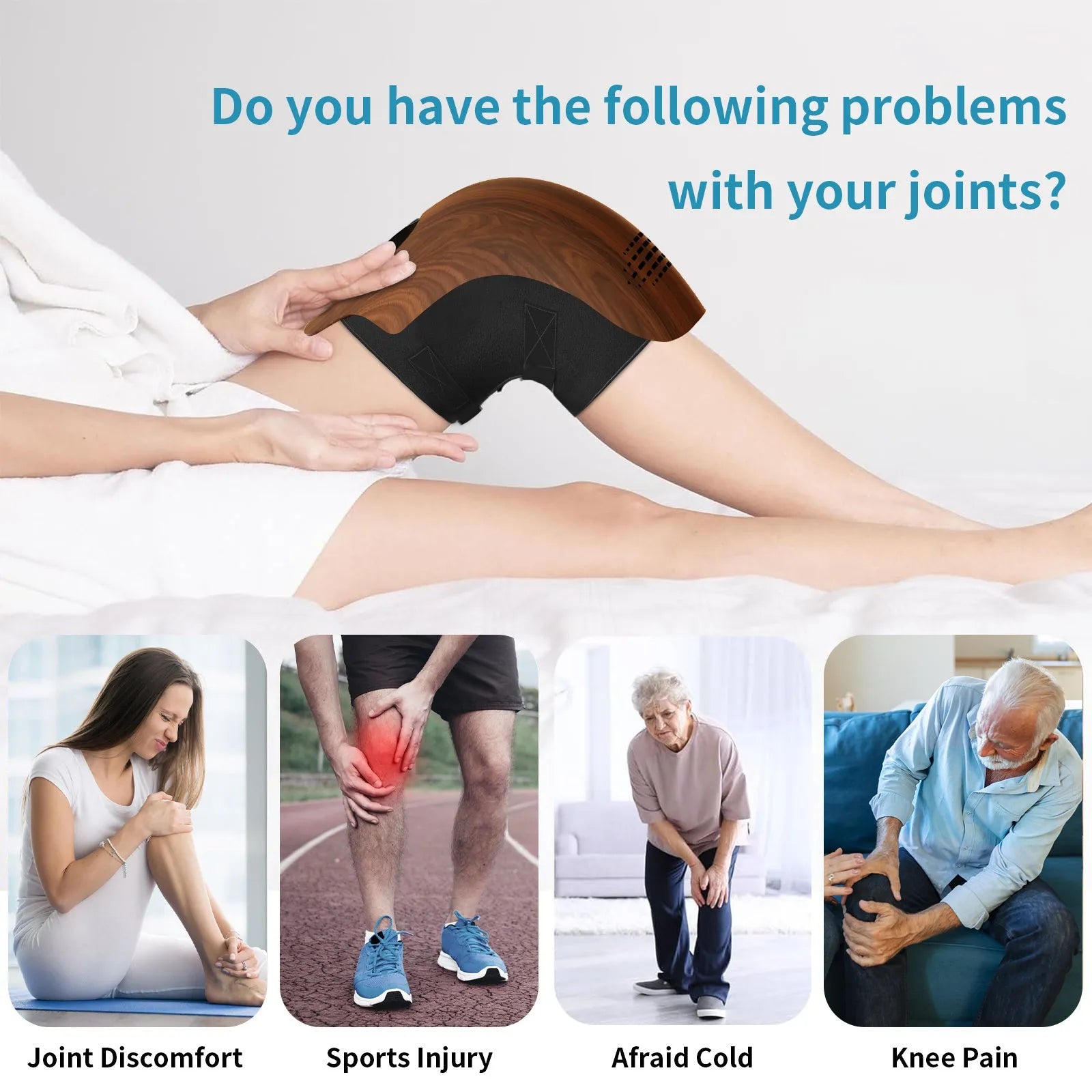 White electric knee massager with adjustable straps showing infrared heating and kneading mechanisms