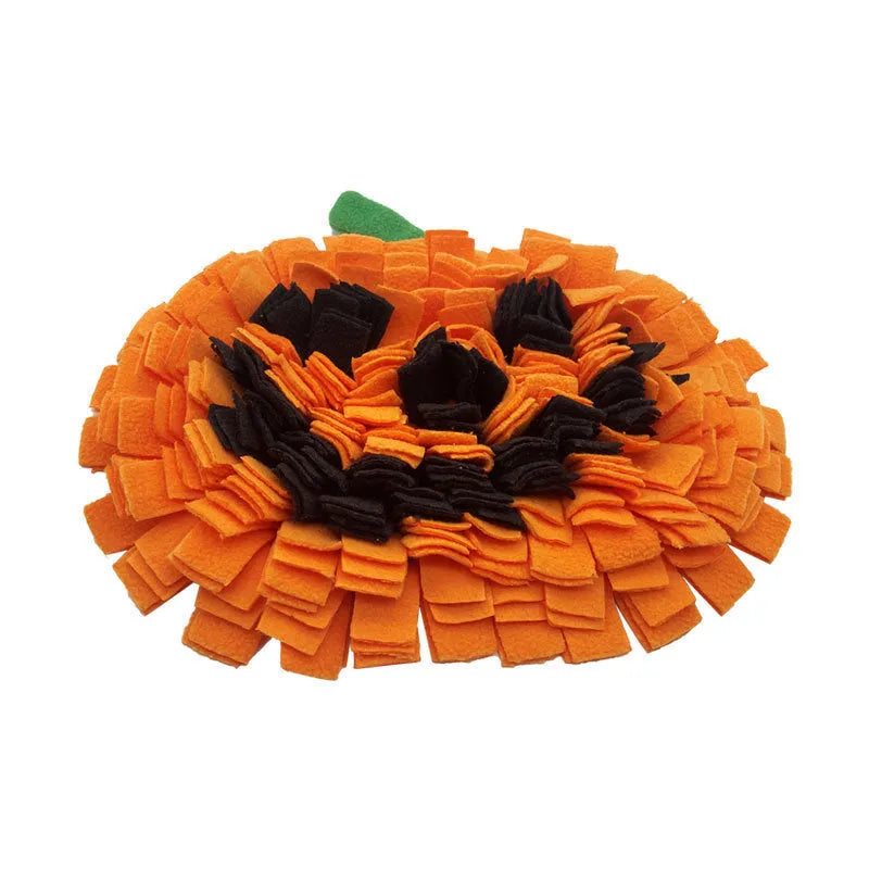 Orange pumpkin-shaped woollen pet training mat on floor with dog treats