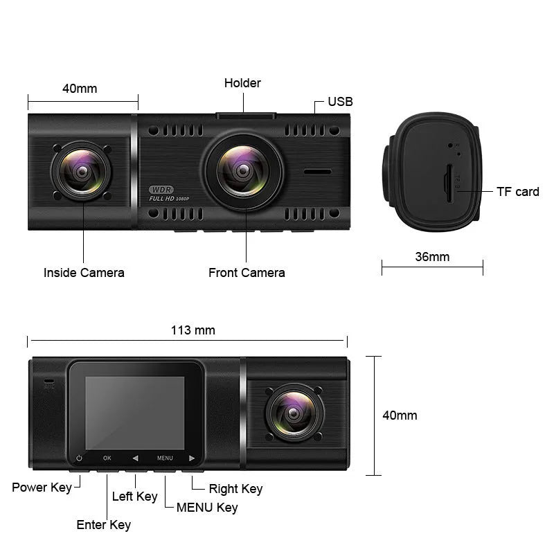 Standard black dual-channel dash camera with 1.5-inch screen on car windscreen.