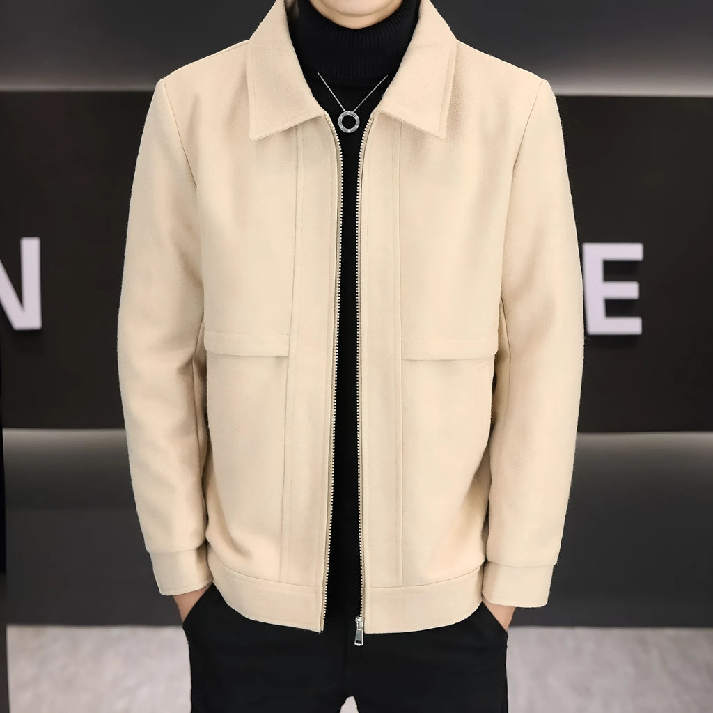 Men's casual jacket with polo collar in khaki colour showing side seam pockets