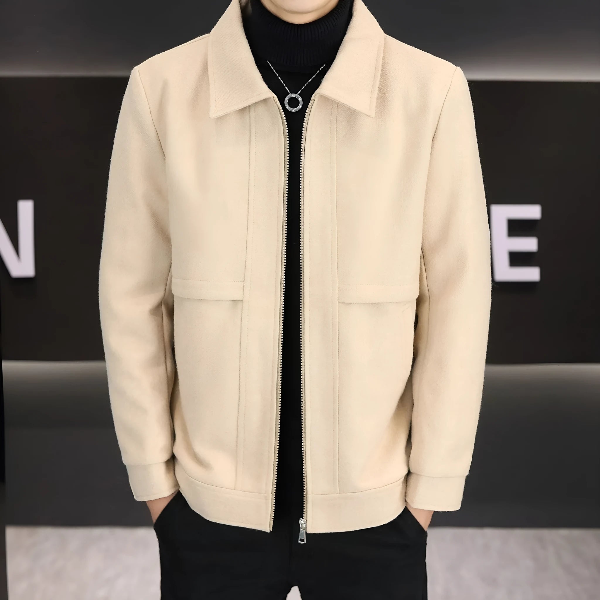 Men's casual jacket with polo collar in khaki colour showing side seam pockets
