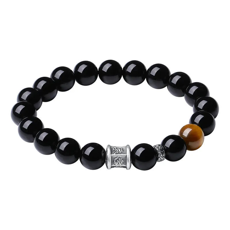 Men's obsidian and silver six-word mantra bracelet with 10mm prayer wheel beads and hand-woven construction