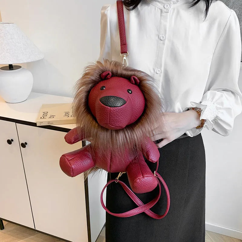 Plush lion casual bag in PU with polyester lining, single strap and inner phone pocket, shown in light brown, dark red, khaki or silver.