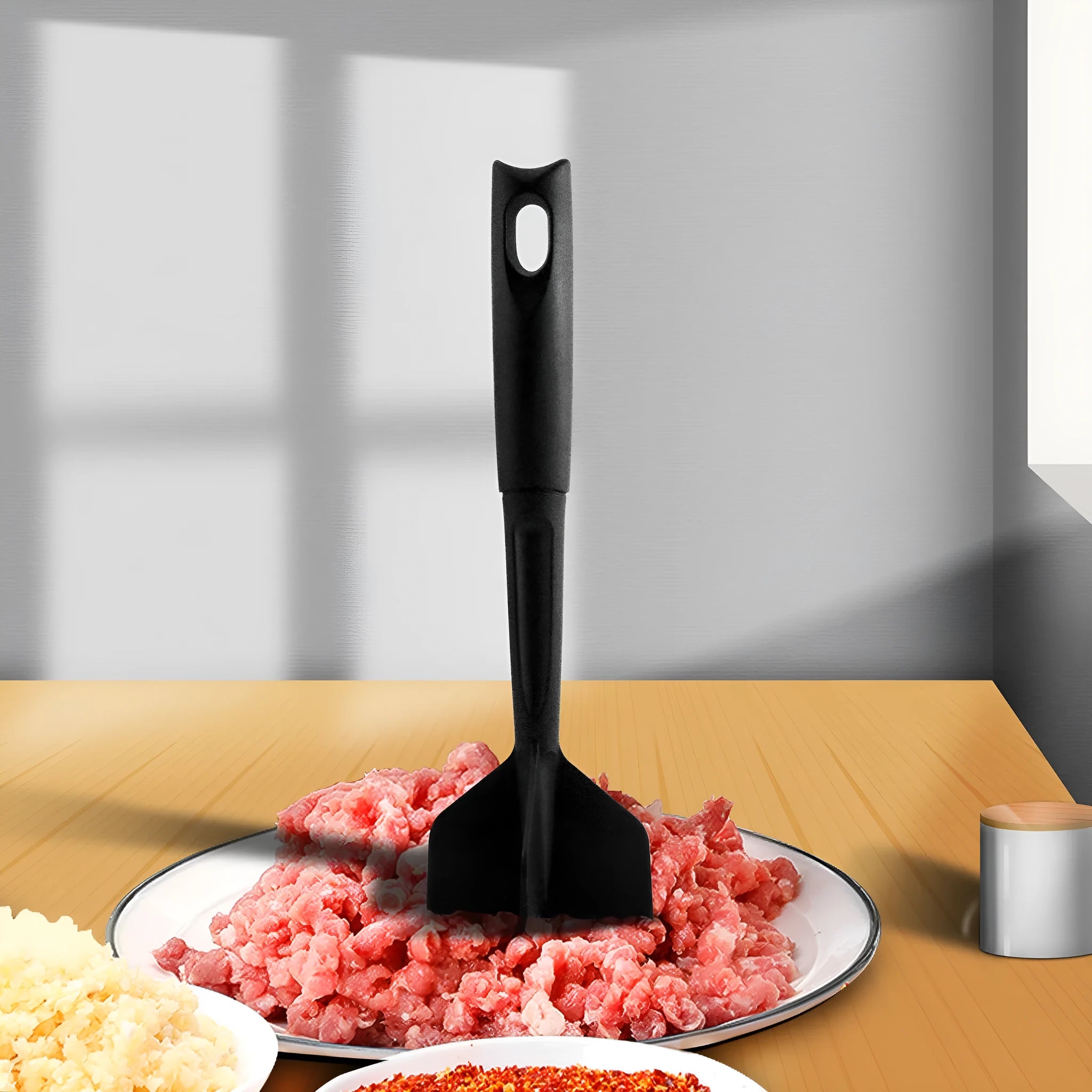 Black manual meat chopper 26.4cm long, made of food-grade nylon, on white background