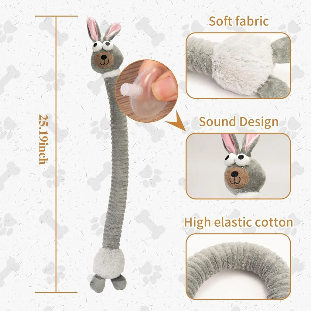 Brown plush dog toy with foldable design, showing squeaker and crinkle features.