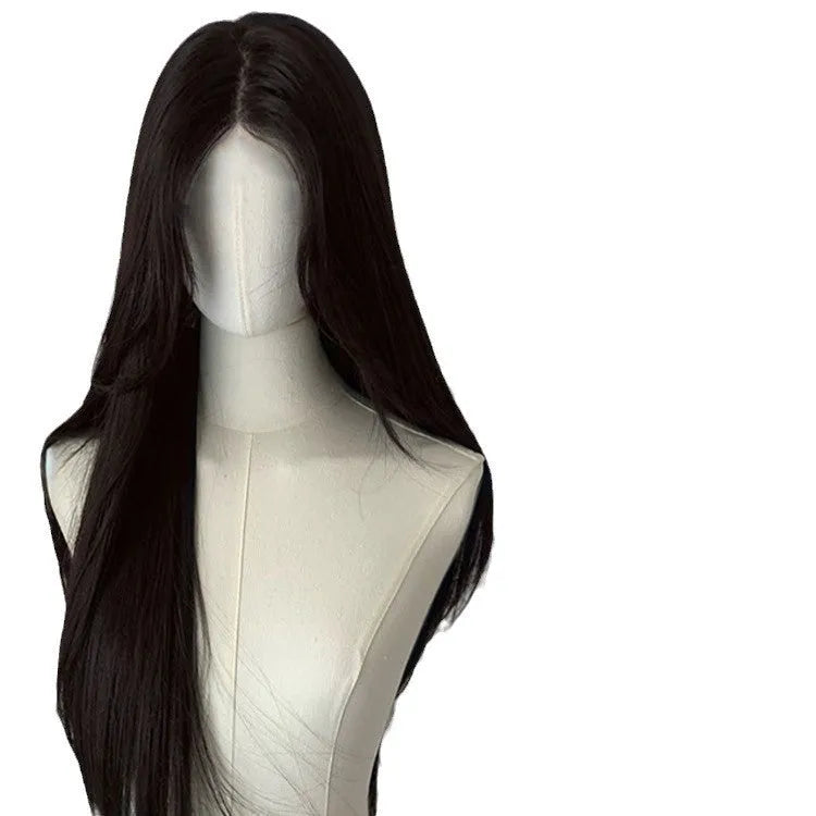 Forehead lace synthetic wig with long straight black hair in cold brown or dark brown shades