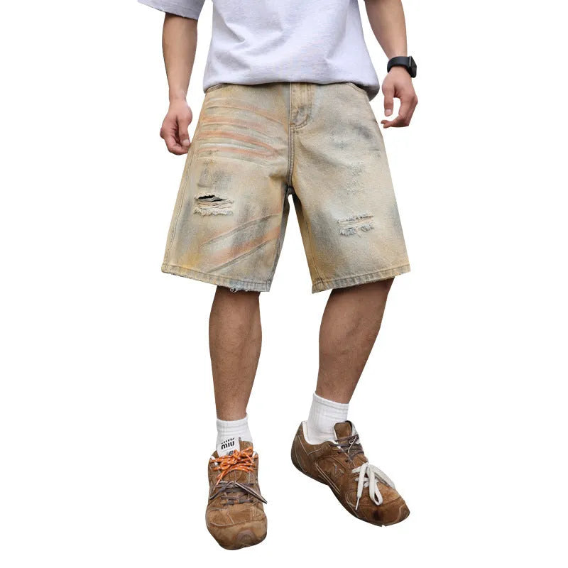 Light blue distressed denim shorts for men with straight-leg cut and mid-waist fit