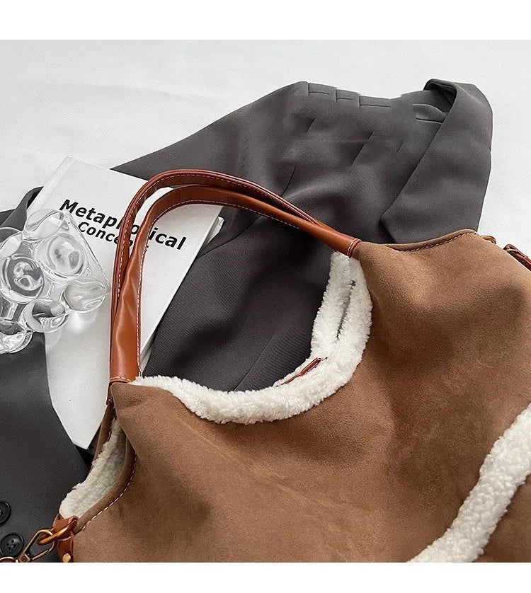 2pcs women's plush tote shoulder bag, large capacity suede-style handbag, black or brown, PU outer, polyester lining