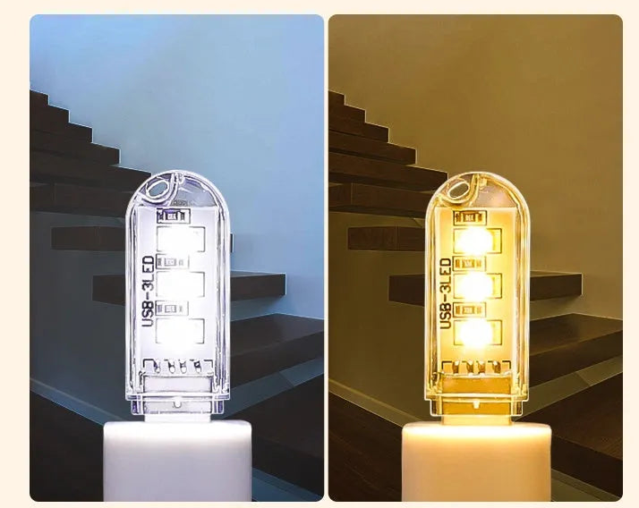 Compact USB-powered LED baby night light with white and warm light options measuring 6cm by 1.8cm