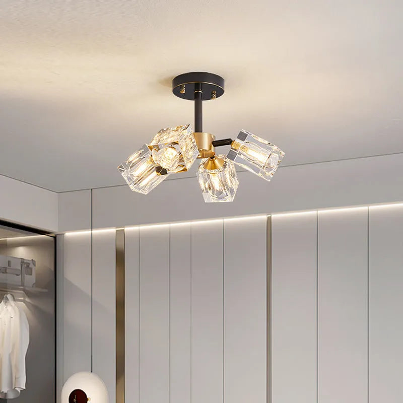 Six-head copper crystal ceiling lamp in black gold or copper finish, 110V, with full spectrum variable light