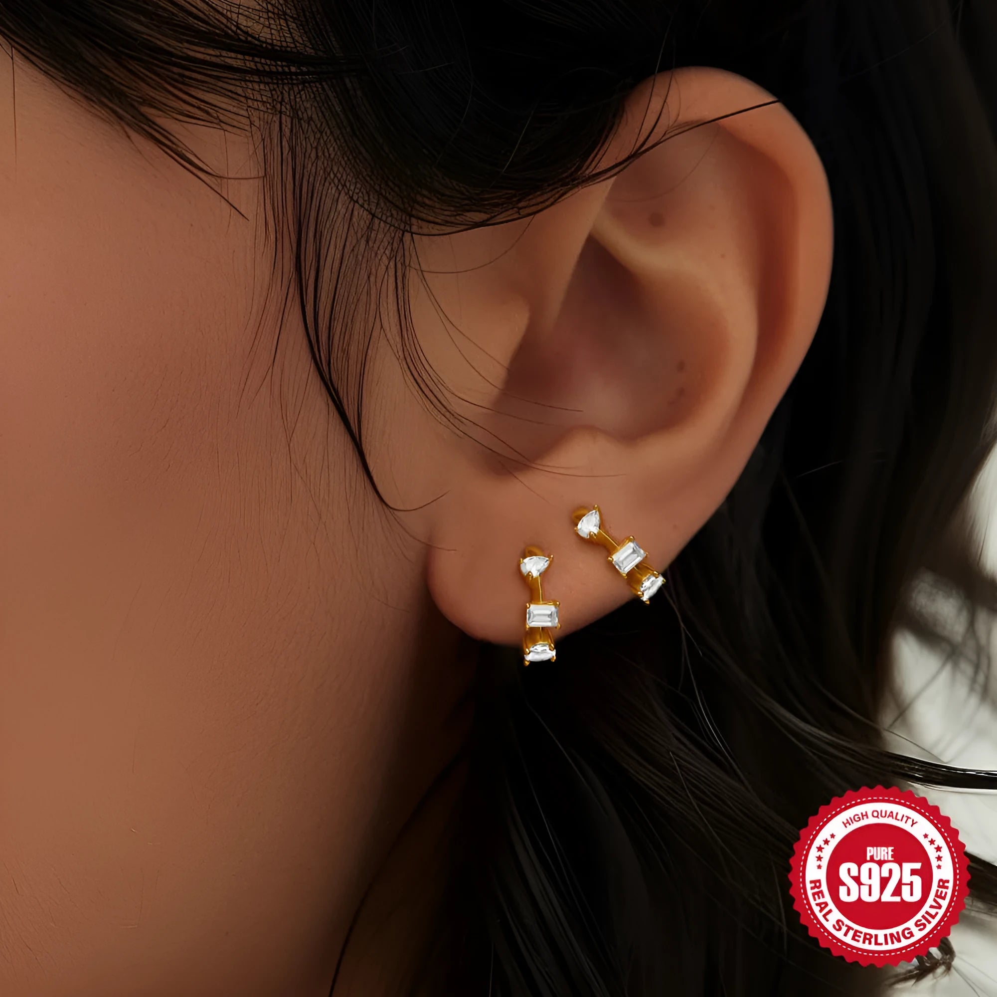 Sterling silver geometric stud earrings with round diamond eardrops in gold and silver colour options