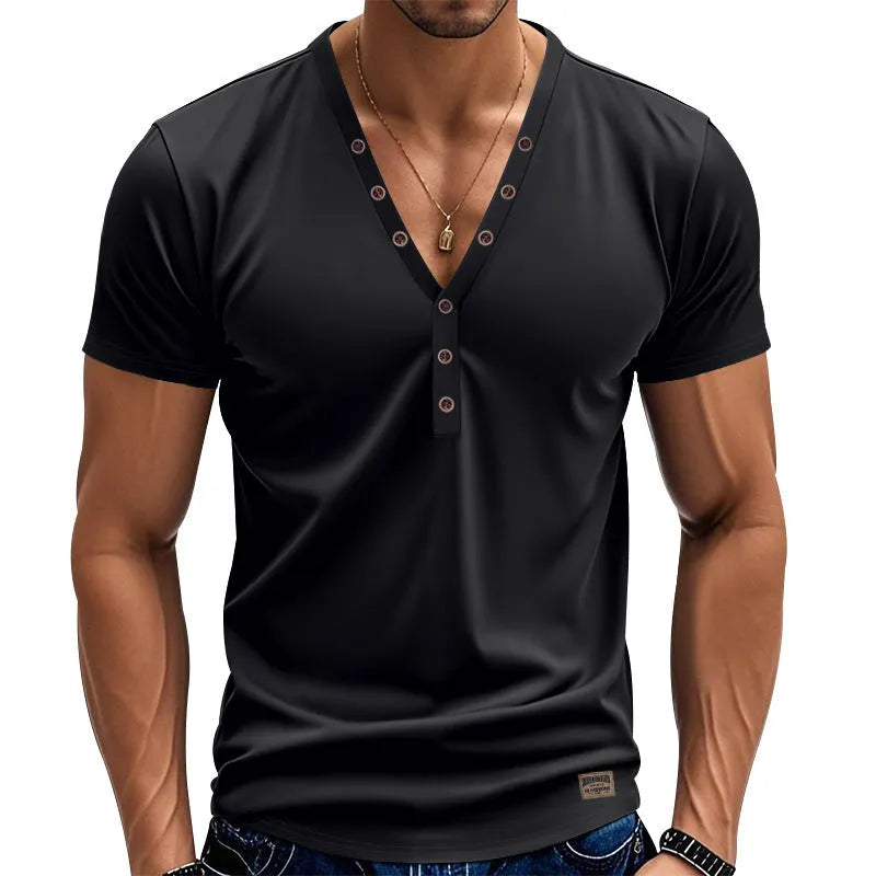 Men's loose fit V-neck button top in chemical fibre blend fabric for sports wear