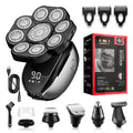 Black 6-in-1 rechargeable haircut suit with shaver, clipper, trimmer, and attachments on a stand.